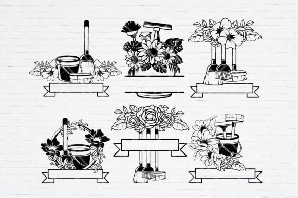 Cleaning Tools with Flower Clipart SVG: Graphics & Illustrations